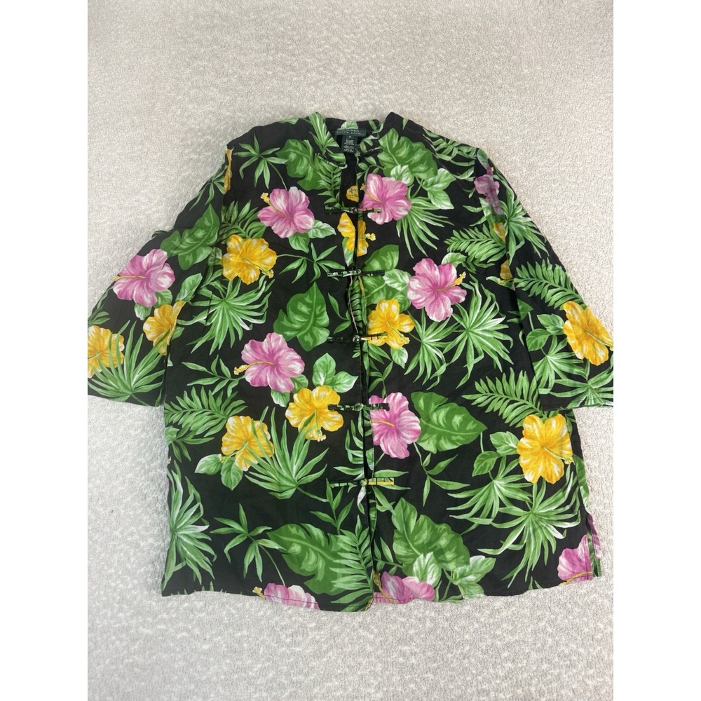 RALPH LAUREN Tunic Top Blouse Size 1X Tropical Floral Linen Asian Knot Button